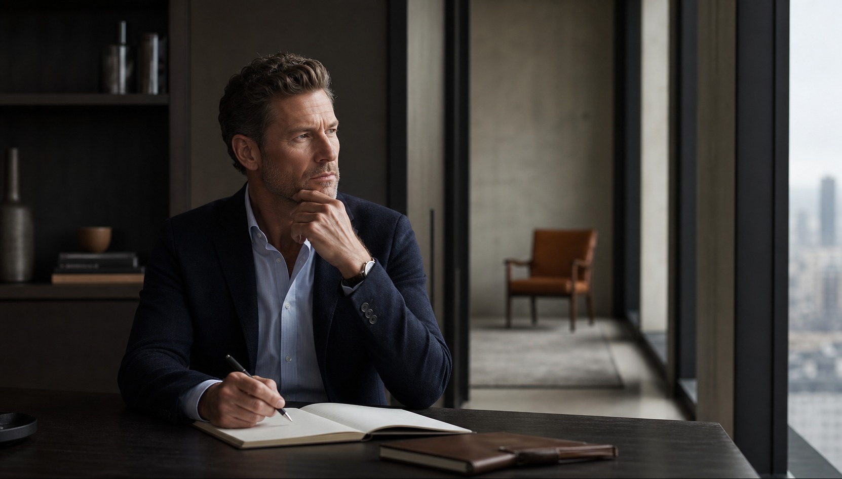 Reflective professional preparing for a consequential conversation in a quiet modern study